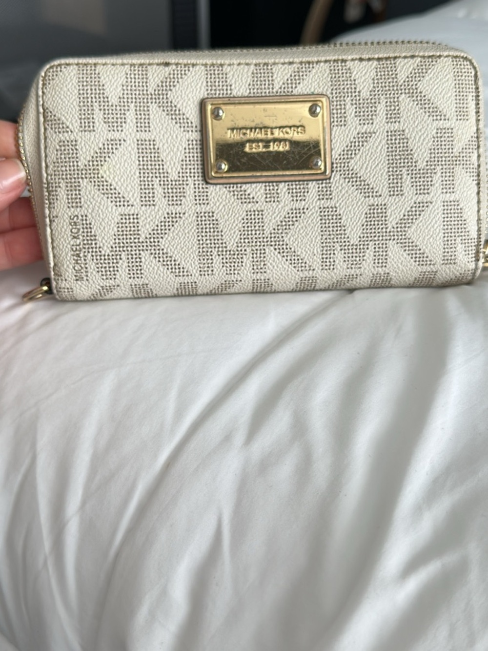 Michael Kors Beige Signature MK Zip Wallet with Gold Plaque